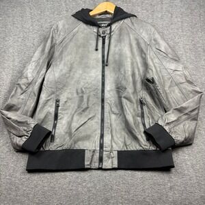 Black Rivet Mens Gray Faux Leather Hooded Bomber Jacket Size XL *FLAWED *READ